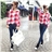 Women Spring Autumn Turn-down Collar Bat Long Sleeve Loose Cotton Tartan Pattern Long Shirt - Free Size (Red)