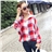 Women Spring Autumn Turn-down Collar Bat Long Sleeve Loose Cotton Tartan Pattern Long Shirt - Free Size (Red)