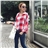 Women Spring Autumn Turn-down Collar Bat Long Sleeve Loose Cotton Tartan Pattern Long Shirt - Free Size (Red)
